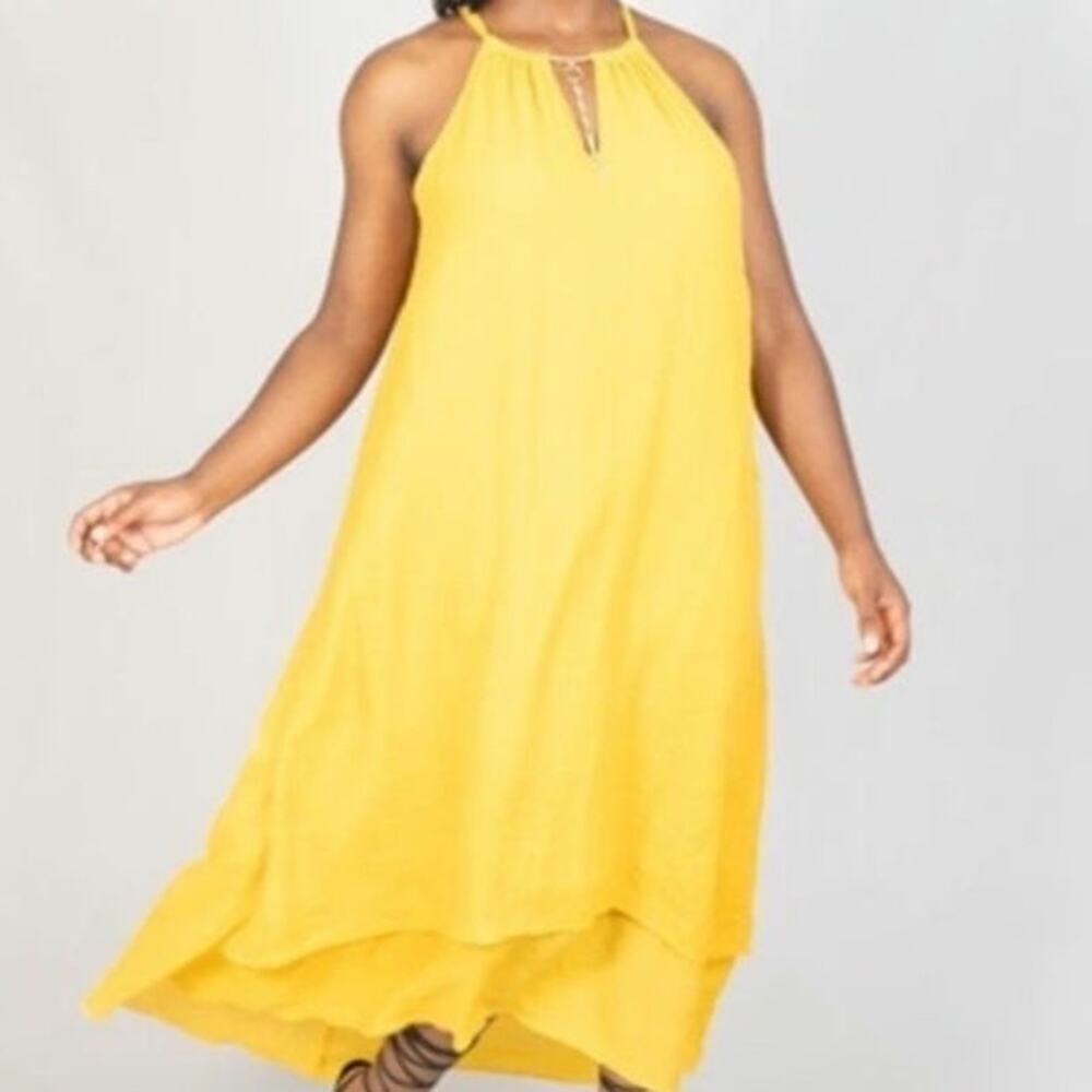 NWT Vibrant Yellow Sleeveless Layered Guazy Dress Gold-tone Halter-style Neck